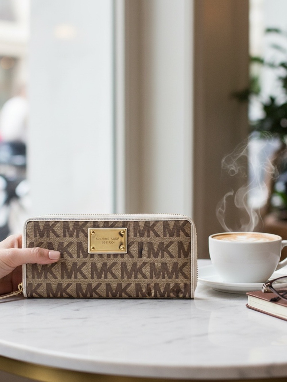 Michael Kors Brown and Tan MK Monogram Zip Wallet